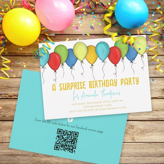 Birthday Surprise Party Balloons QR-code Facebook Kaart