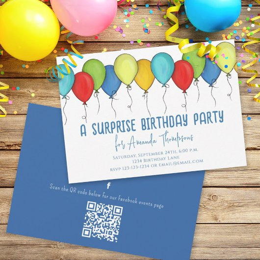 Birthday Surprise Party Balloons QR-code Facebook Kaart