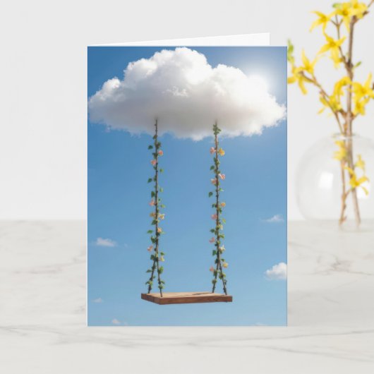 Birthday Swing Hanging From a Cumulus Cloud Kaart (Gele Bloem)