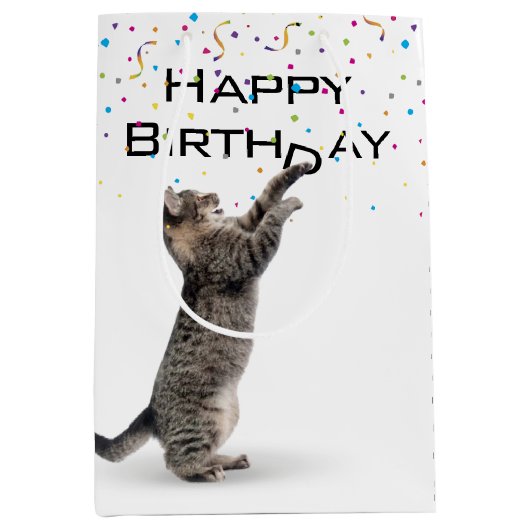 Birthday Tabby Cat met Confetti Medium Cadeauzakje (Voorkant)