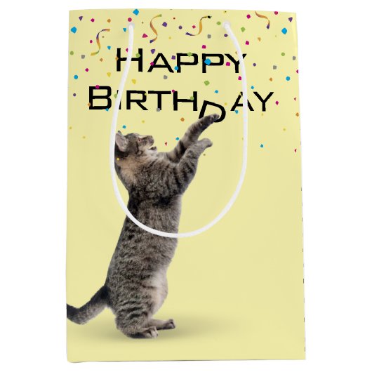 Birthday Tabby Cat met Confetti Medium Cadeauzakje (Voorkant)