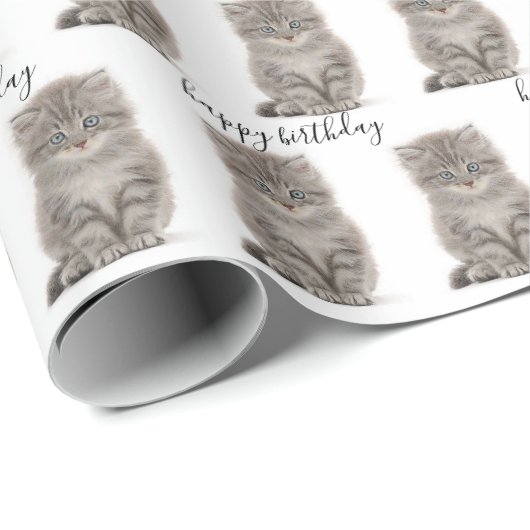 Birthday Tabby Kitten op wit Cadeaupapier (Rol Hoek)