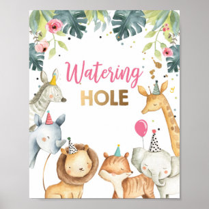 Birthday Table Sign Watering Hole Wild Animal Girl Poster