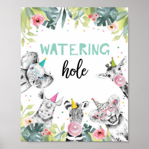 Birthday Table Sign Watering Hole Wild Animal Girl Poster