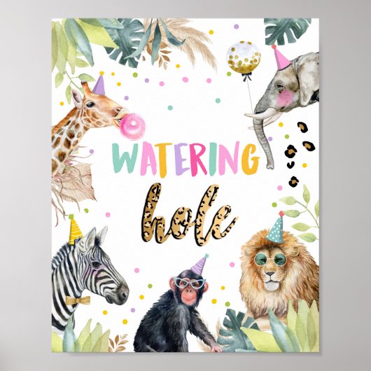 Birthday Table Sign Watering Hole Wild Animal Girl Poster (Voorkant)