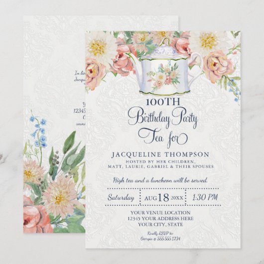 Birthday Tea Dusty Pink Elegant Floral Art Teapot Kaart (Voorkant / Achterkant)