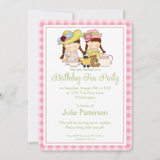 Birthday Tea Party Invitation Little Girls roze 2 Kaart (Voorkant)