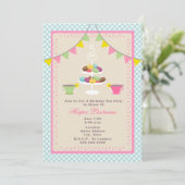 Birthday Tea Party + Macarons Invitation - Blue Kaart (Staand voorkant)