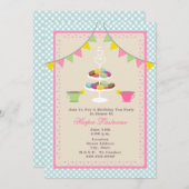 Birthday Tea Party + Macarons Invitation - Blue Kaart (Voorkant / Achterkant)