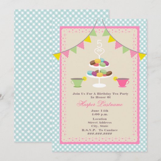 Birthday Tea Party + Macarons Invitation - Blue Kaart (Voorkant / Achterkant)