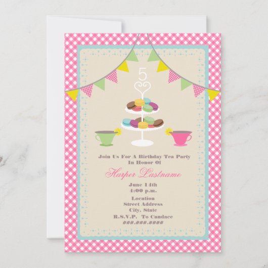 Birthday Tea Party + Macarons Invitation - Roze Kaart (Voorkant)