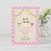 Birthday Tea Party + Macarons Invitation - Roze Kaart (Staand voorkant)