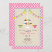 Birthday Tea Party + Macarons Invitation - Roze Kaart (Voorkant / Achterkant)