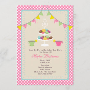 Birthday Tea Party + Macarons Invitation - Roze Kaart
