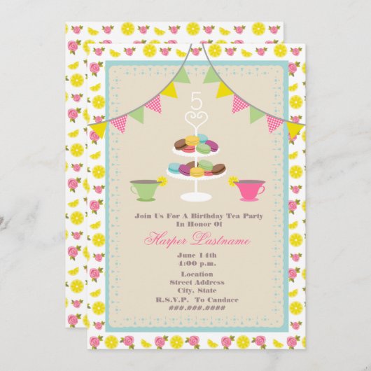 Birthday Tea Party + Macarons Uitnodiging (Voorkant / Achterkant)