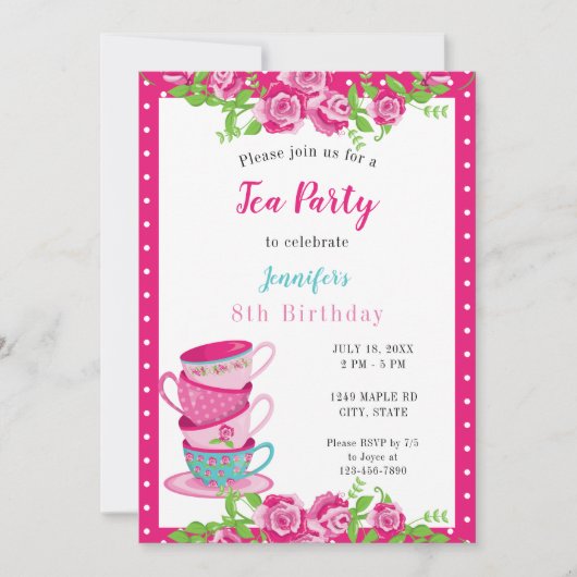 Birthday Tea Party roze Floral Cups Cute Whimsical Kaart (Voorkant)