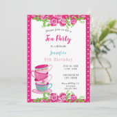 Birthday Tea Party roze Floral Cups Cute Whimsical Kaart (Staand voorkant)