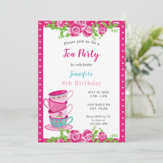 Birthday Tea Party roze Floral Cups Cute Whimsical Kaart (Staand voorkant)