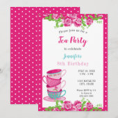 Birthday Tea Party roze Floral Cups Cute Whimsical Kaart (Voorkant / Achterkant)