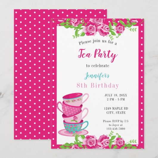 Birthday Tea Party roze Floral Cups Cute Whimsical Kaart (Voorkant / Achterkant)