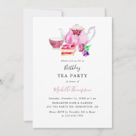 Birthday Tea Party roze Teapot Script Waterverf Kaart