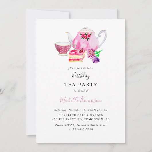 Birthday Tea Party roze Teapot Script Waterverf Kaart (Voorkant)