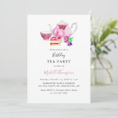 Birthday Tea Party roze Teapot Script Waterverf Kaart (Staand voorkant)