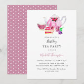 Birthday Tea Party roze Teapot Script Waterverf Kaart (Voorkant / Achterkant)