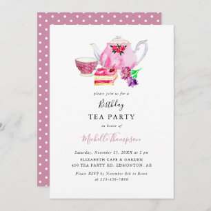Birthday Tea Party roze Teapot Script Waterverf Kaart