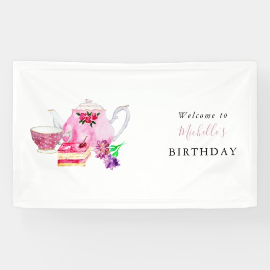 Birthday Tea Party Welcome Waterverf Floral Spandoek (Horizontaal)
