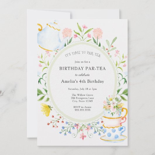 Birthday Tea Party Whimsical Wildflower Invitation Kaart (Voorkant)
