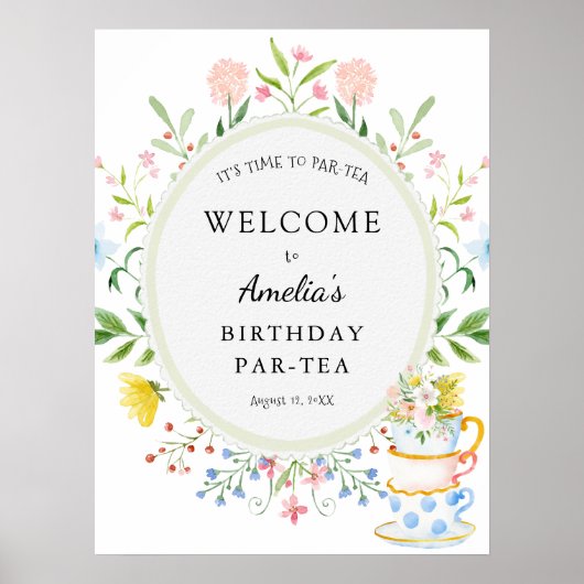 Birthday Tea Party Whimsical Wildflower Welkom Poster (Voorkant)