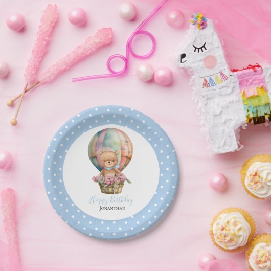 Birthday Teddy Bear Balloon Poke Stippen Papieren Bordje (Feest)