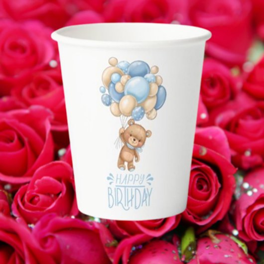 Birthday Teddy Bear Boy Blue Balloons Papieren Bekers