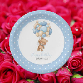Birthday Teddy Bear Boy Blue Balloons Poke Stippen Papieren Bordje
