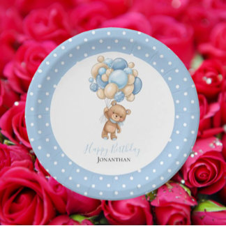 Birthday Teddy Bear Boy Blue Balloons Poke Stippen Papieren Bordje