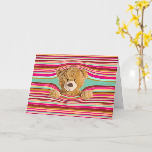 Birthday Teddy Bear in Stripes Kaart (Gele Bloem)