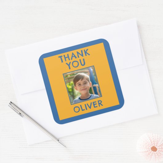 Birthday Thank you Kids Name & Photo  Vierkante Sticker (Envelop)