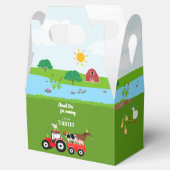Birthday-thema landbouwhuisdieren en rode trekkers bedankdoosjes (Geopend)