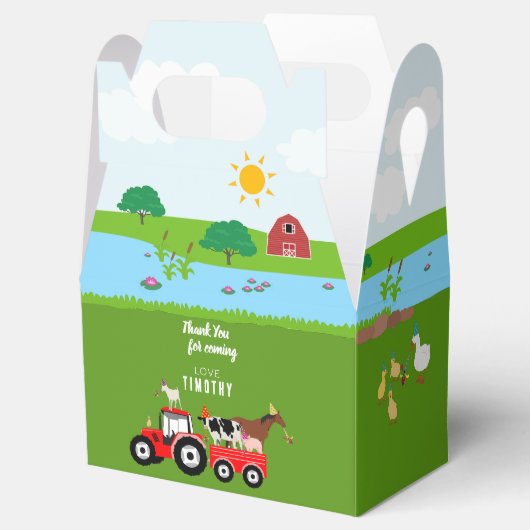 Birthday-thema landbouwhuisdieren en rode trekkers bedankdoosjes (Geopend)