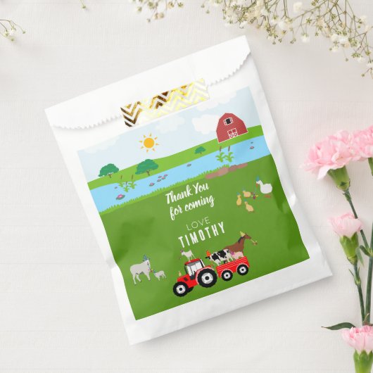 Birthday-thema landbouwhuisdieren en rode trekkers bedankzakje (Gezegeld)