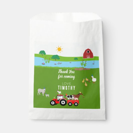 Birthday-thema landbouwhuisdieren en rode trekkers bedankzakje (Voorkant)