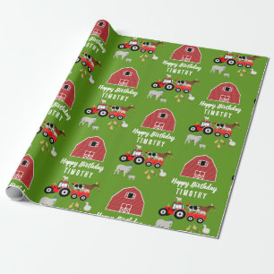Birthday-thema landbouwhuisdieren en rode trekkers cadeaupapier