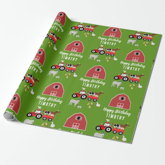 Birthday-thema landbouwhuisdieren en rode trekkers cadeaupapier (Uitgerold)