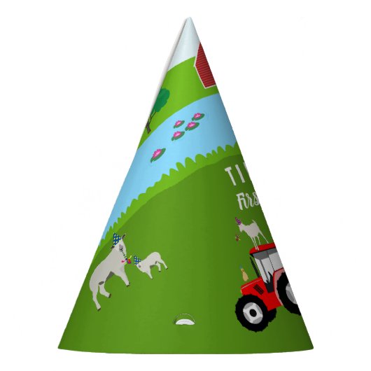 Birthday-thema landbouwhuisdieren en rode trekkers feesthoedjes (Links)