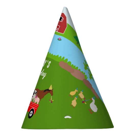 Birthday-thema landbouwhuisdieren en rode trekkers feesthoedjes (Rechts)