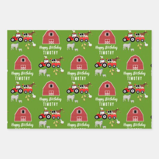 Birthday-thema landbouwhuisdieren en rode trekkers inpakpapier vel (Voorkant 2)