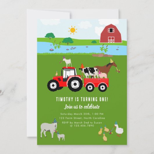 Birthday-thema landbouwhuisdieren en rode trekkers kaart (Voorkant)