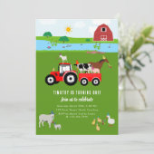 Birthday-thema landbouwhuisdieren en rode trekkers kaart (Staand voorkant)