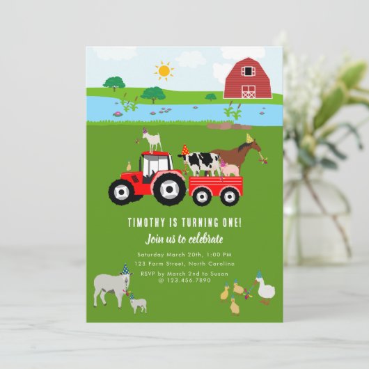 Birthday-thema landbouwhuisdieren en rode trekkers kaart (Staand voorkant)